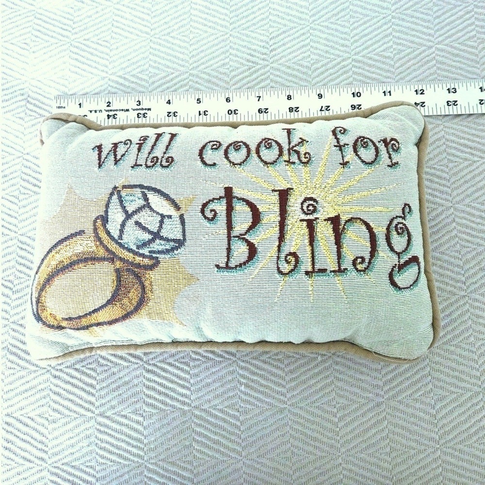 Will Cook For Bling Woven Tapestry Accent Pillow Diamond Ring Graphic 11x7 Tan